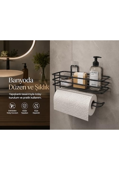 Tr Banyo Mutfak Düzenleyici Oval Düz Banyo Havluluk Rafı Sabunluk Mat Siyah Duş Askısı Raf Kancalı Oval Raf Diğer