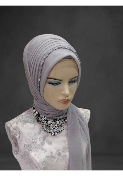 Açık Gri Simli Nadide Model Hazır Türban Hazır Duvak Hazır Şal