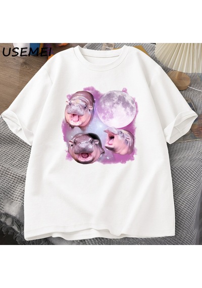 Flood Of Style Üç Moo Deng Ay Tshirt Erkekler Kadınlar Fuuny Karikatür Sevimli Moodeng T-shirt Pamuk Kısa Ko Beyaz
