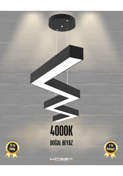 Zigzag Siyah Kasa, Doğal Beyaz Işık Modern Sarkıt Led Avize Siyah