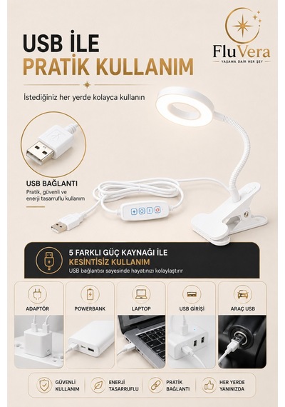 Usb Led Halka Masa Lambası 3 Renk Işık 360 Esnek Gövde Mandallı Klipsli Çalışma Okuma Makyaj Lambası Beyaz