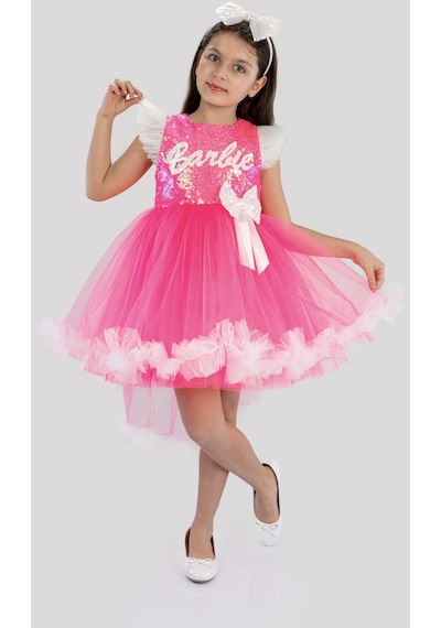 Pembe Barbie Ponpon Kuyruk Etekli Barbie Taçlı Kız Çocuk Doğum Günü Parti Elbisesi-Pembe