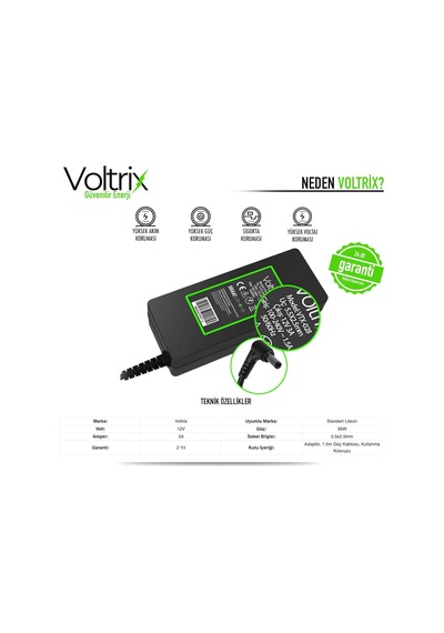 Standart 12v 3a 36w 5.5x2.5mm İle Uyumlu Adaptör, Şarj Aleti - Cihazı
