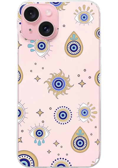 Apple Uyumlu iPhone 15 İle 1mm Slim Fit Nazar Boncuğu 5 Baskılı Şeffaf Kılıf