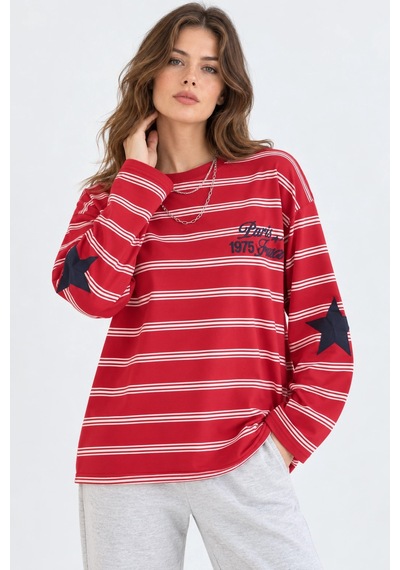 Mevese Kadın Oversize Paris Baskılı Çizgili Bisiklet Yaka Sweatshirt - Kırmızı