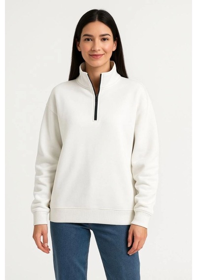 Mbb E-ticaret Kadın 3 İplik Pamuklu Dık Yaka Yarım Fermuarlı Sweatshirt - Beyaz