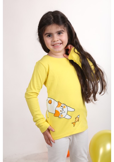Teenyweenykids Kedi Baskı Pijama Takımı Sarı