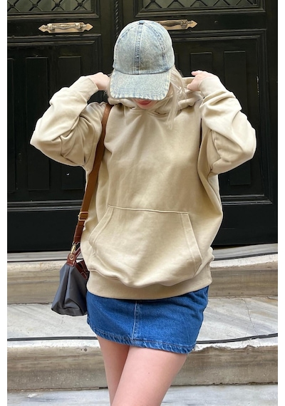 Bej Kapüşonlu Oversize Cepli Sweatshirt Mg2207