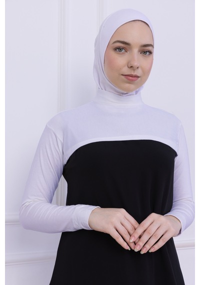 Loggia Balıkçı Yaka Boyunluklu Kolluk Beyaz - Likralı Dik Yakalı Kadın Body Tesettür Crop Bolero Beyaz