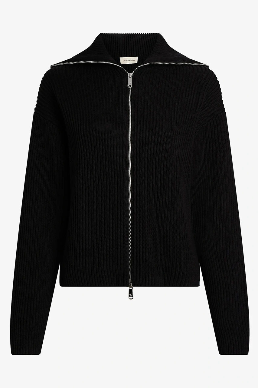 Calvin Klein Chunky Women's Cardigan Kadın Bol Kesim Fermuarlı Devrik Yaka Sweatshirt Siyah Siyah