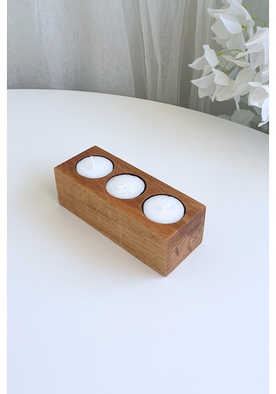 3'lü Ahşap Mumluk - 15x6x5 Cm - Doğal Kayın Ağacı Dekoratif Hediyelik Açık Renk Ahşap