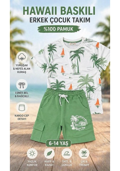 Durukoza Erkek Çocuk Şortlu Takım 6-14 Yaş %100 Pamuk Yeşil - Beyaz