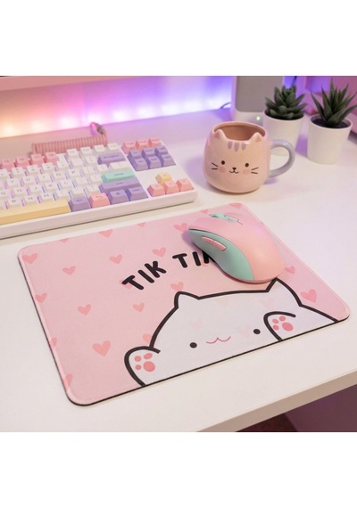 Tatlı Kedi Temalı Kalpli Ergonomik Pembe Mouse Pad - 23x19 Cm - Kaydırmaz Tabanlı Kaliteli Fare Altlığı Mousepad