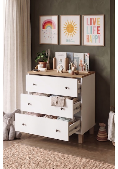 Yurudesign Noren Şifonyer 3 Çekmece Ahşap Ayaklı Bebek Ve Çocuk Odası Sepet-beyaz Nr1-sw