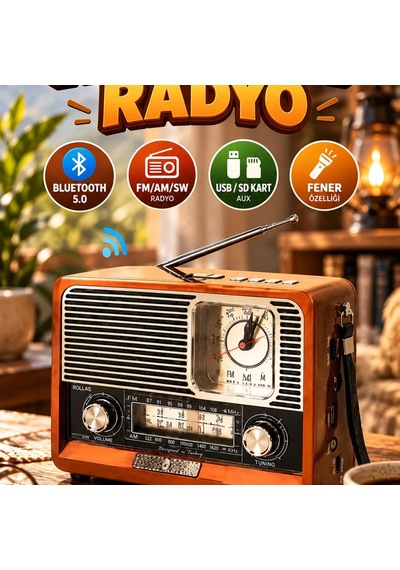 Retro Ahşap Görünümlü Bluetooth 5.0 Radyo Fm/am/sw, Usb, Sd Kart, Aux Ve Fener