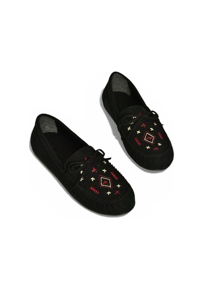Fox Shoes Y996073102 Siyah Süet Renkli Motif İşlemeli Kadın Babet Siyah