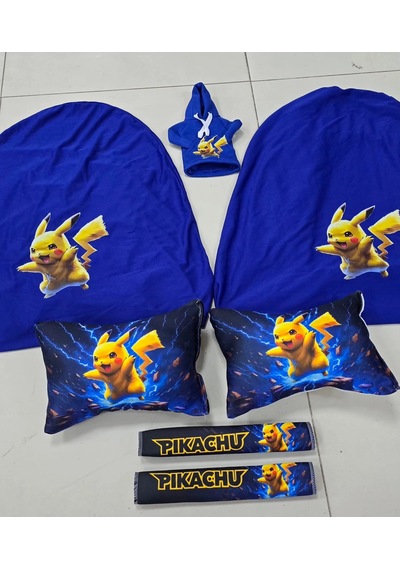 Mavi Pikachu Süper Set Dörtlü Servis Kılıfı + İkili Yastık Ve Kemer Kılıfı +vites Poları
