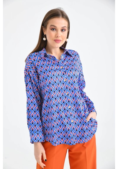Saks Desenli Oversize Uzun Kol Basic Saten Gömlek 001