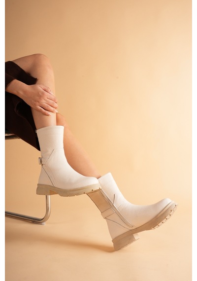 Analin Shoes Kadın Hakiki Deri Kemer Detaylı Günlük Bot Krem
