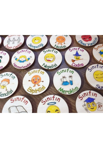 Ahşap.Figürlü Okul Motivasyon Rozetleri