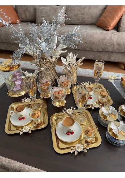 Atabey Home Collection 6'lı Kahve & Çay & Sunum Tepsisi Çelik Gold Tepsi Papatya Model