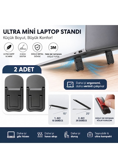 Polham Metal 2 Adet 7mm 3m Yapışkanlı Katlanabilir Ultra Mini Laptop Standı,2 Açılı Laptop Yükseltici Siyah