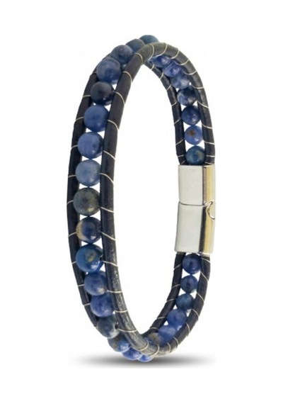 Erkek Doğaltaş Bileklik - 6mm Doğal Lapis Taşı Deri Kordon Ve Çelik Bileklik