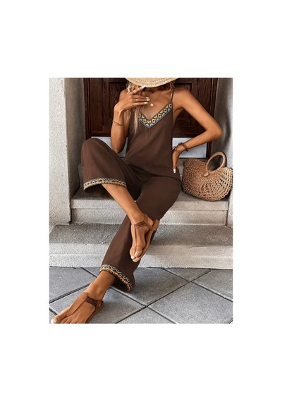 Butik İstanbul Kadın Ip Askılı V Yakalı Etnik Serit Desenli Cep Detaylı Janjan Krep Tulum Kahve Butik İstanbul Kadın Ip Askılı V Yakalı Etnik Serit Desenli Cep Detaylı Janjan Krep Tulum Kahve