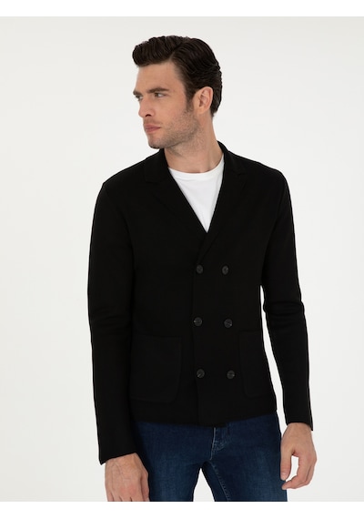 Cacharel Siyah Slim Fit Yün Karışımlı Kruvaze Triko Hırka