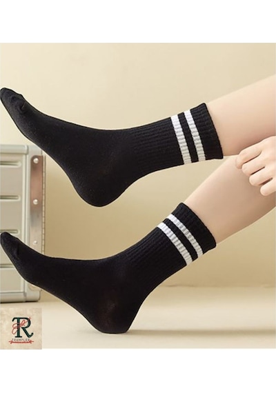 Trampler Unisex 6'Lı Çemberli Kolej Çizgili Çorap Siyah Beyaz Siyah - Beyaz