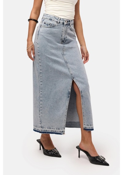 Itsbasic Kadın Snow Kot Rengi Derin Yırtmaçlı Yüksek Bel Uzun Denim Etek