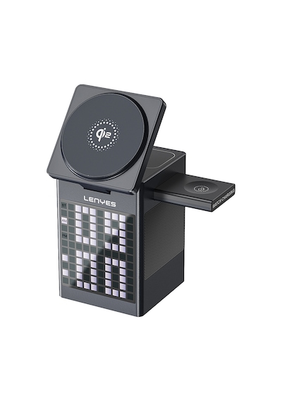 Lenyes Pw320 15w 6in1 Kablosuz Şarj Standı Qi2 Teknolojili Alarmlı Speaker Özellikli Gri