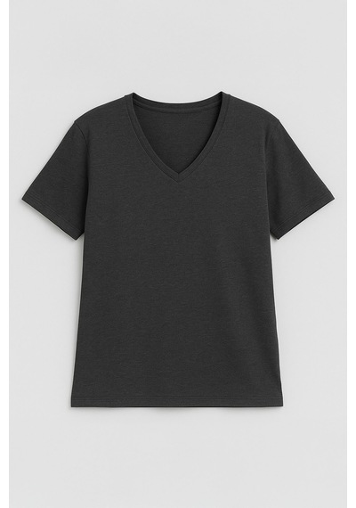 Markapia Kadın V Yaka Kısa Kollu Düz T-shirt Antrasit