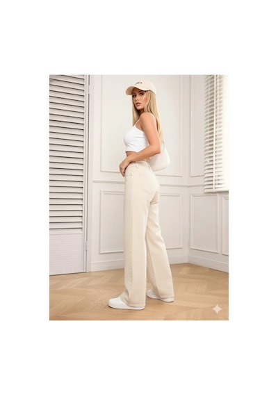 Woddi Kadın Krem Hsn Palazzo Likralı Yüksek Bel Kot Salaş Jean Pantolon New Sezon-4