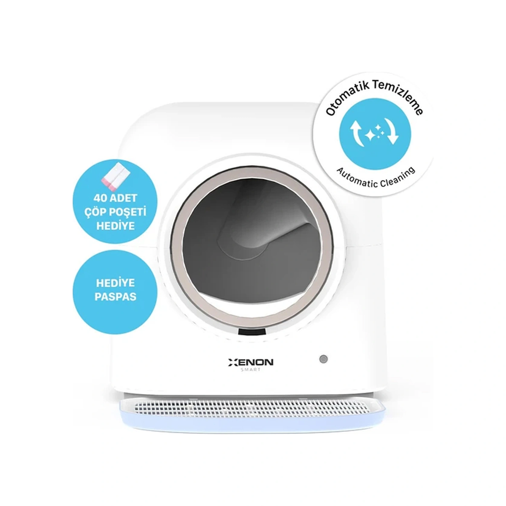 Xenon Smart Akıllı Otomatik Kedi Tuvaleti 4lt Çelik Hazneli Kameralı Mama Kabı Bataryalı Su Pınarı Ve Yedek Filtre Pet Seti