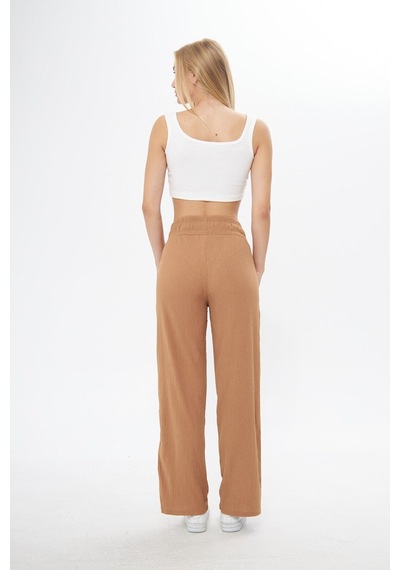 Thiff Gymwear Siyah Beli Lastikli Bol Paça Çift Cepli Yüksek Bel Bürümcük Örme Kadın Pantolon Camel