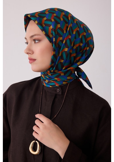Belli Geometrik Desen %100 Twill İpek Eşarp Be07 Petrol-kahve