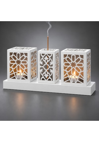 Lazer Kesim Metal Tealight Mumluk Ve Tütsülük Seti Geometrik Selçuklu Yıldızı Motifli Modern Ev Dekoru Benzersiz Masa Süsü Ve Hediye Beyaz