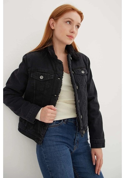 Fashion Frends İçi Kürklü Denim Ceket Siyah