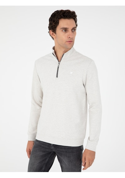 Ekru Regular Fit Pamuk Karışımlı Yarım Fermuarlı Sweatshirt Bej
