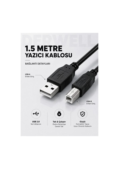 Yeni 2026 1.5 Metre Yazıcı Kablosu - Mıdı Org Ses Kartı Dj Ekipman Tarayıcı Bağlantı Kablosu Pc Laptop Uyumlu Kayıpsız Sinyal İletim Saf Bakır Siyah Kare Uçlu Jak Dayanıklı Veri