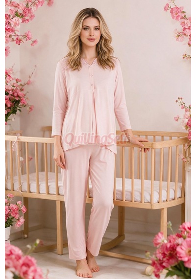Lady Bebe Pembe Renkli Dantel Detaylı, 33201 Uzun Kol, 2 Parça Lohusa Hamile Pijama Takımı Açık Pembe