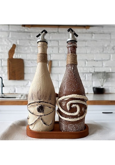 El Yapımı Mitolojik Desenli Sunum Stantlı 2'li 750 Ml Zeytinyağı Sıvıyağ Yağdanlık Yağlık Sirkelik Çok Renkli