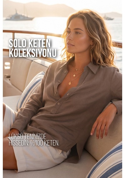 Goffra Kadın Solo %100 Doğal Keten Gömlek - Klasik Yaka Basic Minimalist Tasarım Kahverengi W208-k0401-02