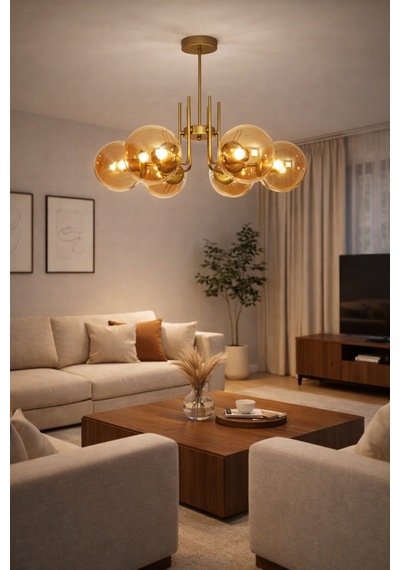 Vien Modern Tasarım Salon Yemek Odası Mutfak Eskitme Renk Camlı Sarkıt 6 Lı Avize Eskitme Bal Eskitme Bal