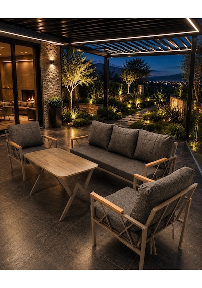 Miray Cappuccino Metal 311 Masalı Gri Balkon Bahçe Oturma Grubu Minderli Metal Bahçe Mobilyası Takımı