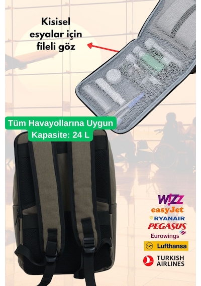 Jet Turtle Seyahat Sırt Çantası 40cm 40x25x15 Cm Pegasus, Wizz Air, Ryanair, El Valizi Koltuk Altı Valizi Açık Haki Kanvas