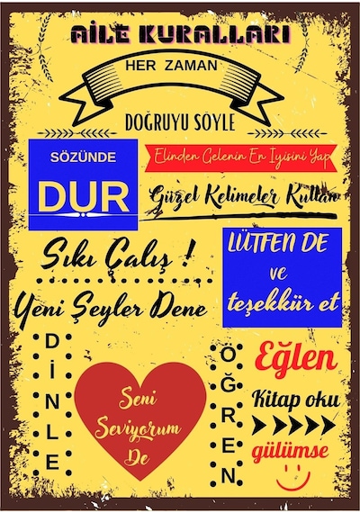 Aıle Kuralları Ahşap Duvar Ve Kapı Süsü- Retro Ahşap Pano 28 X 20