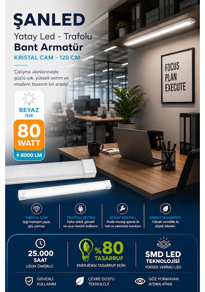 80wat 120 Cm Kristal Yatay Led Bant Armatür-trafolu Beyaz Işık -2 Adet