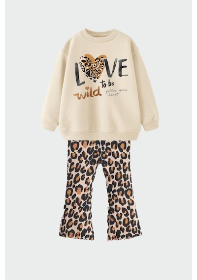 Lolliboomkids Kız Çocuk Love Leopar Baskılı İspanyol Paça Tayt Alt Üst Takım 3 İplik Taş